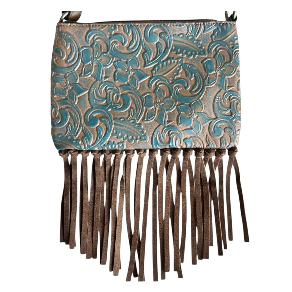 Justin Boots Turquoise Inset Genuine Leather Fringe Convertible Clutch NWT
